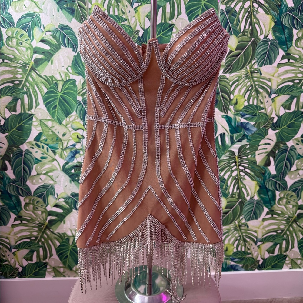 Elegant Tan Strapless Dress with Silver Accents